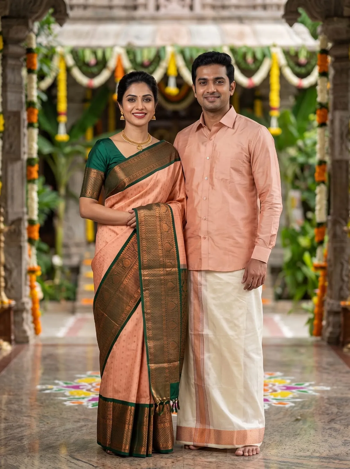 Blush Peach & Emerald Kottanji Korvai Couple Set
